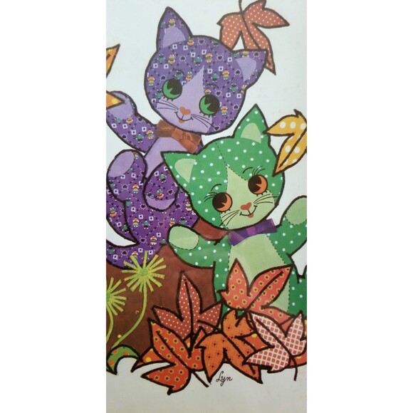 Vintage 1960s Calico Cats Frolicing In Leaves Litho Print by Lyn 14.5"x12" - Picture 2 of 3